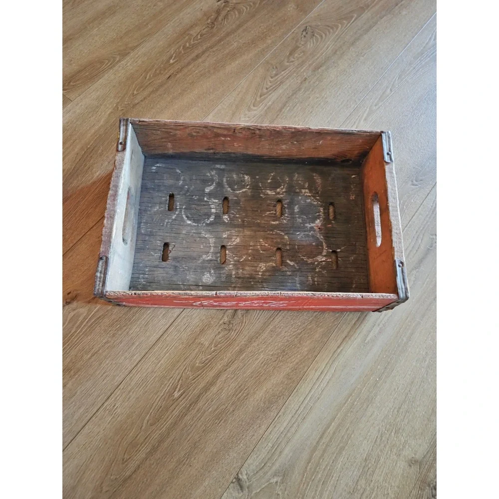 Vintage 70s Coca-Cola Wooden Soda Crate Red Rustic Metal Reinforced Storage Box
